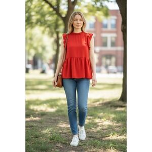 Entro Red Ruffle Babydoll Top Womens Small Sleeveless Mock Neck Blouse